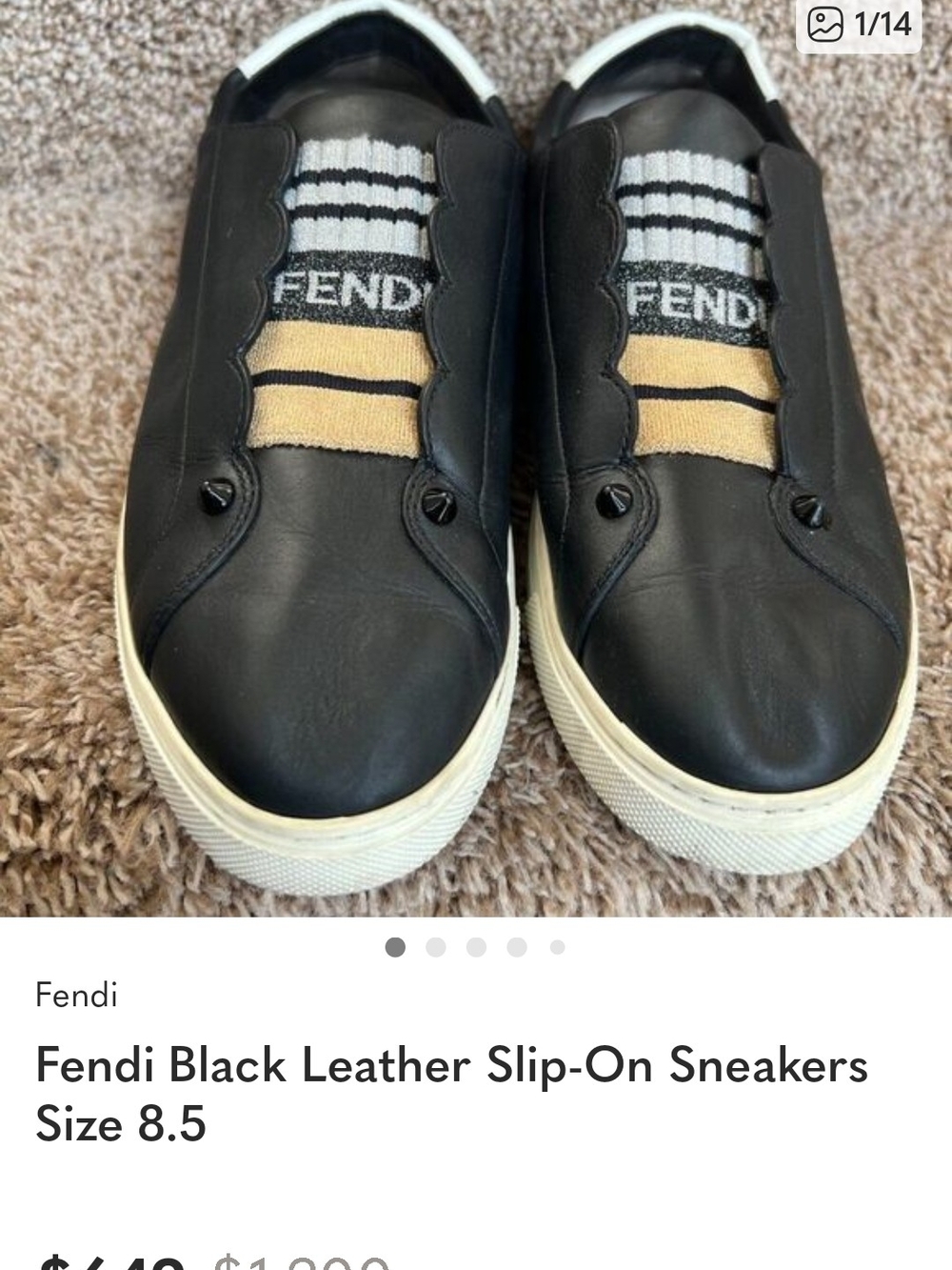 AUTHENTIC Fendi Black Leather Slip-On Sneakers with Beige Knit 39 Accent